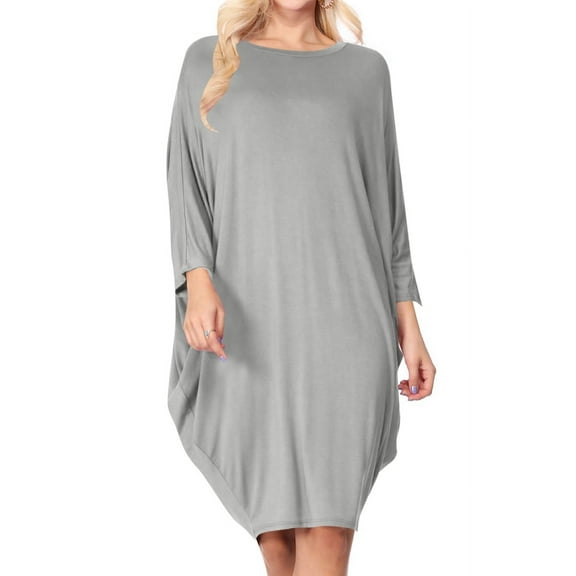 Women's Casual Loose Fit Long Sleeves Dolman Style Solid Midi Dress