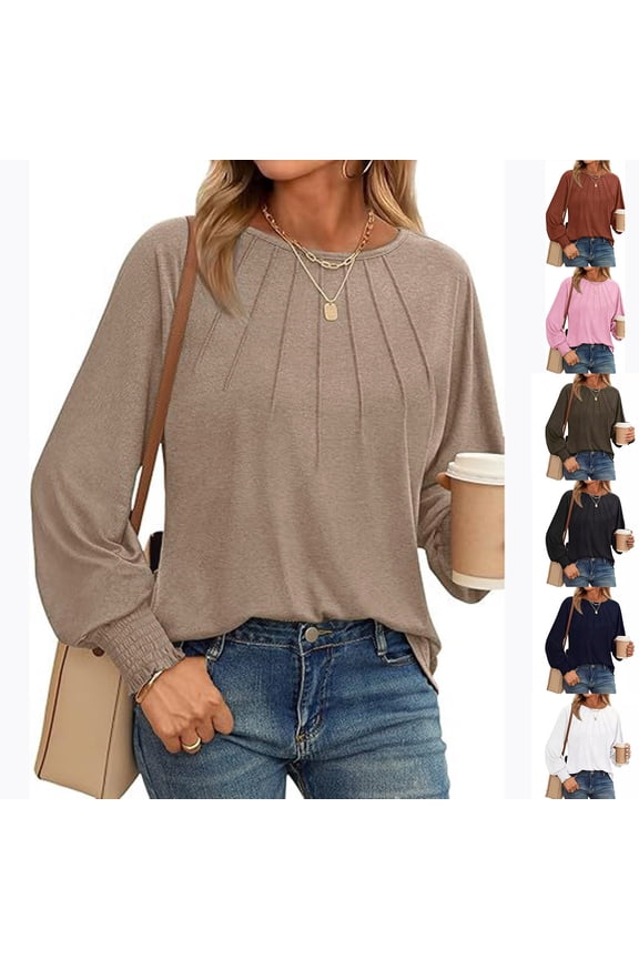Women's Casual Loose Fit Round Neck Long Sleeve Top Shirts Blouses Solid Color Pleated Tunic for Business Office Work Vacation Travel Outfits Fashion Essential Gift for Women