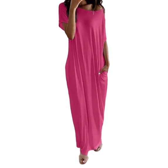 Women's Casual Loose Fit Round Neck Short Sleeve Solid Color Everyday Dress Comfortable Relaxed Outfit for Spring Summer Fall Womens Casual Trendy Midi Dresses