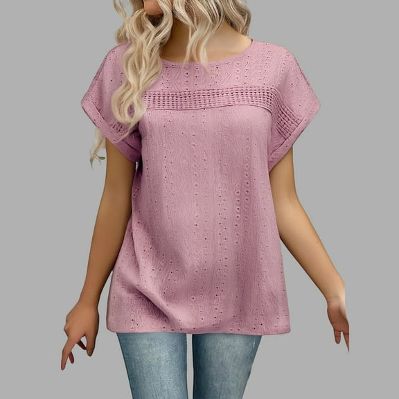 Women's Casual Loose Fit Round Neck Short Sleeve T Shirt Floral Lace Hollow Out Design Comfortable Breathable Top for Daily Wear Vacation Spring Summer Fall Synthetic Long Sleeve Shirt Women
