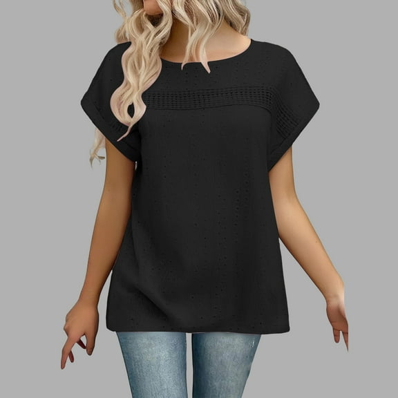 Women's Casual Loose Fit Round Neck Short Sleeve T Shirt Floral Lace Hollow Out Design Comfortable Breathable Top for Daily Wear Vacation Spring Summer Fall Synthetic Long Sleeve Shirt Women