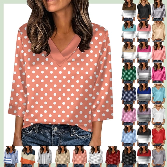 Women's Casual Loose Fit Satin V-Neck 3/4 Sleeve Blouse Tops, Short Sleeve Solid Basic Shirts for Spring Summer, Comfortable & Versatile for Daily/Office/Weekend Outfits