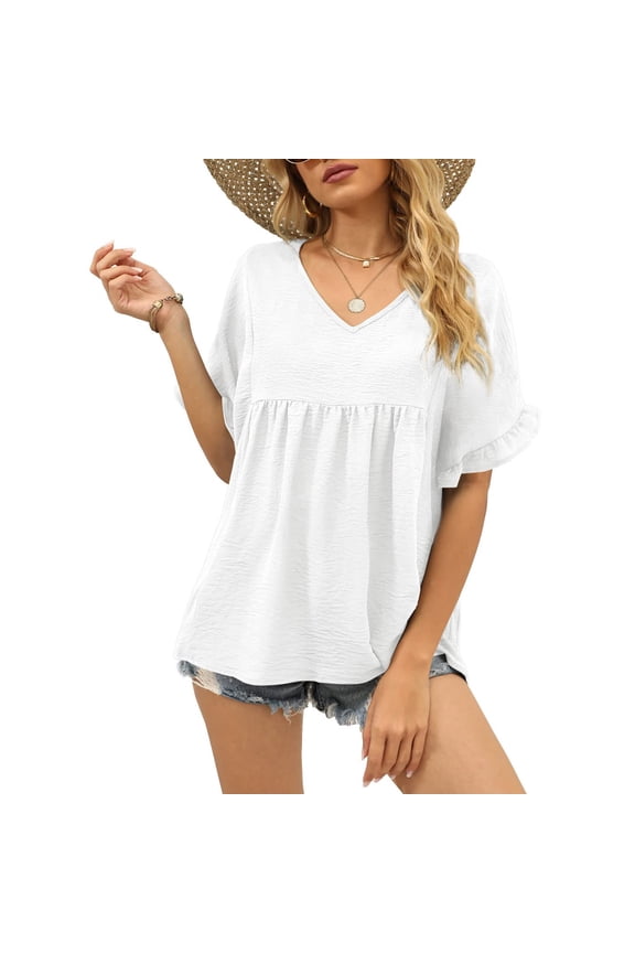 Women's Casual Loose Fit, Short Sleeved White Top, Size XL V-Neck Ruffle Sleeve T-Shirt Bienvenido