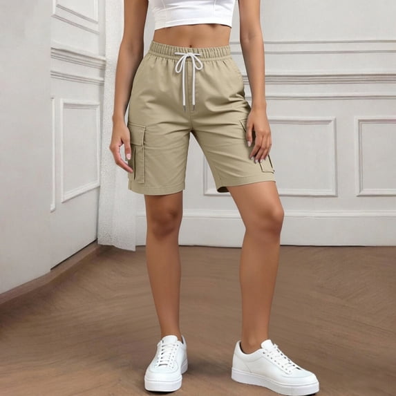 Women's Casual Loose Fit Shorts with Pockets, Elastic Waist Drawstring Comfortable Soft Fabric, Solid Button Fly, Summer Beach Outdoor Lounge, Womens | VerBelle,Khaki L