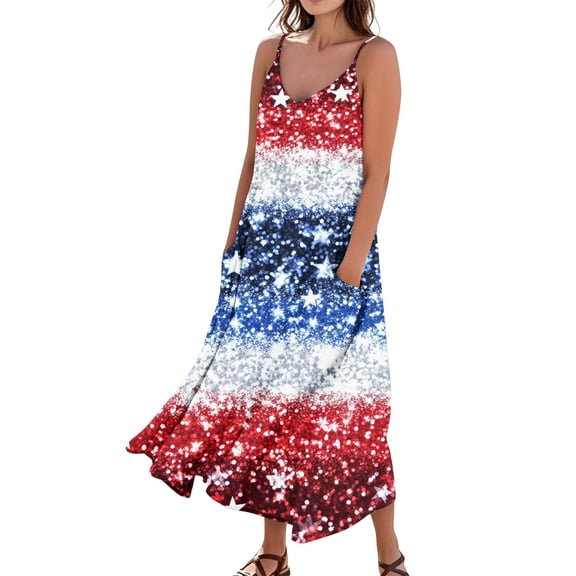 Women's Casual Loose Fit Sleeveless Dress Patriotic Print Long Sundress, Breathable Fabric for Summer Vacations and Daily Wear,Cyan S