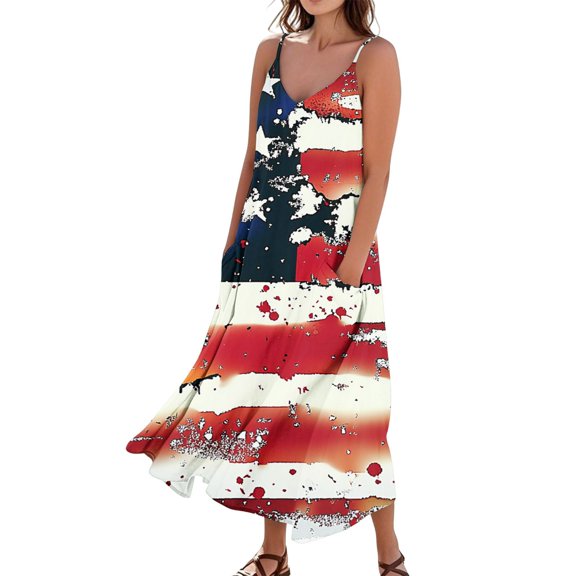 Women's Casual Loose Fit Sleeveless Dress Patriotic Print Long Sundress, Breathable Fabric for Summer Vacations and Daily Wear,Dark Blue S
