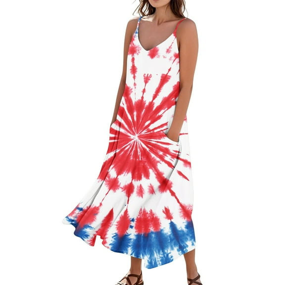 Women's Casual Loose Fit Sleeveless Dress Patriotic Print Long Sundress, Breathable Fabric for Summer Vacations and Daily Wear,Navy S