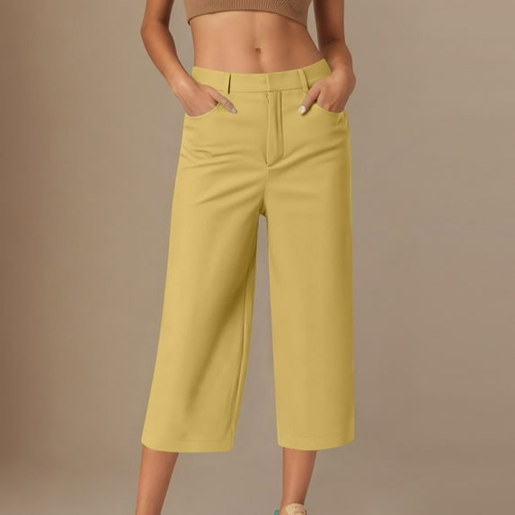 Women's Casual Loose Fit Solid Color Soft Breathable Capris Pants with Hidden Snap Closure and Side Pockets for Everyday Wear