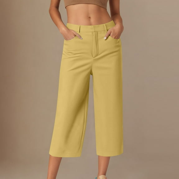 Women's Casual Loose Fit Solid Color Soft Breathable Capris Pants with Hidden Snap Closure and Side Pockets for Everyday Wear