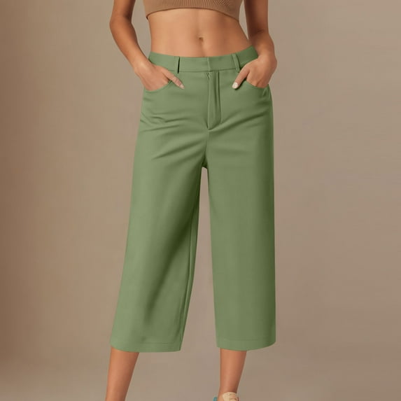 Women's Casual Loose Fit Solid Color Soft Breathable Capris Pants with Hidden Snap Closure and Side Pockets for Everyday Wear