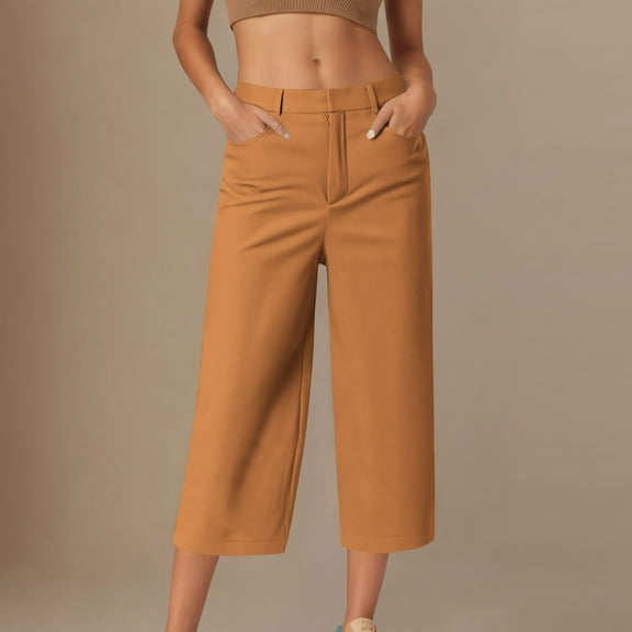 Women's Casual Loose Fit Solid Color Soft Breathable Capris Pants with Hidden Snap Closure and Side Pockets for Everyday Wear