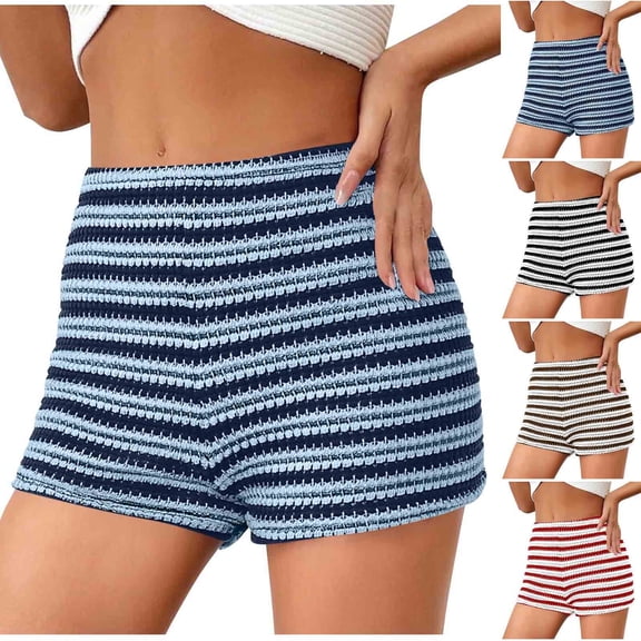Women's Casual Loose Fit Striped Stretch Waist Shorts, Low Rise Pull-On Elastic Shorts with Stretchy Material, Soft Lightweight Easy Care Breathable Design, For Daily Wear Summer
