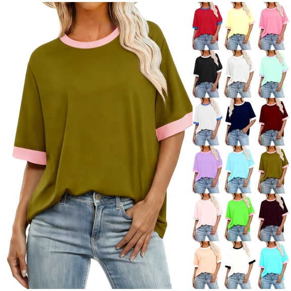 Women's Casual Loose Fit T-Shirt Contrast Trim Short Sleeve Summer Top Lightweight Comfy Tee Army Green S
