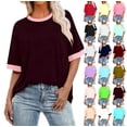 thumbnail image 1 of Women's Casual Loose Fit T-Shirt Contrast Trim Short Sleeve Summer Top Lightweight Comfy Tee Coffee XXL, 1 of 5