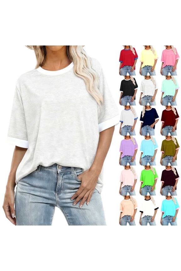 Women's Casual Loose Fit T-Shirt Contrast Trim Short Sleeve Summer Top Lightweight Comfy Tee Gray XL