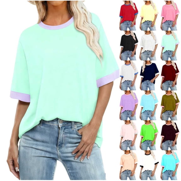 Women's Casual Loose Fit T-Shirt Contrast Trim Short Sleeve Summer Top Lightweight Comfy Tee Mint Green XXXL