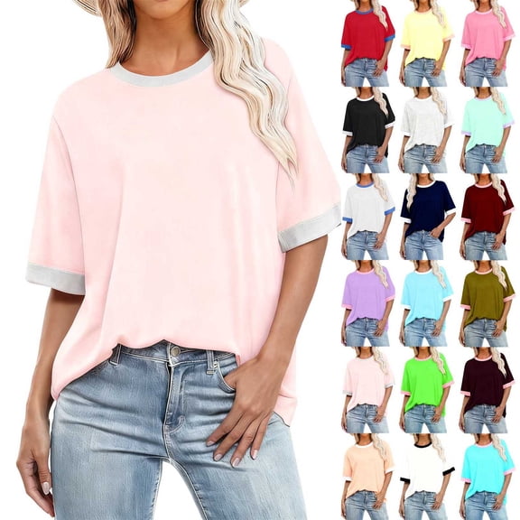 Women's Casual Loose Fit T-Shirt Contrast Trim Short Sleeve Summer Top Lightweight Comfy Tee Pink S