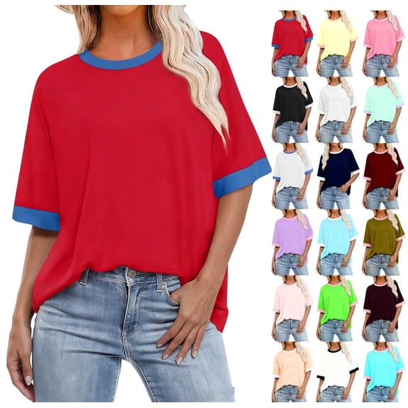 Women's Casual Loose Fit T-Shirt Contrast Trim Short Sleeve Summer Top Lightweight Comfy Tee Red M