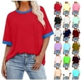 thumbnail image 1 of Women's Casual Loose Fit T-Shirt Contrast Trim Short Sleeve Summer Top Lightweight Comfy Tee Red XL, 1 of 6