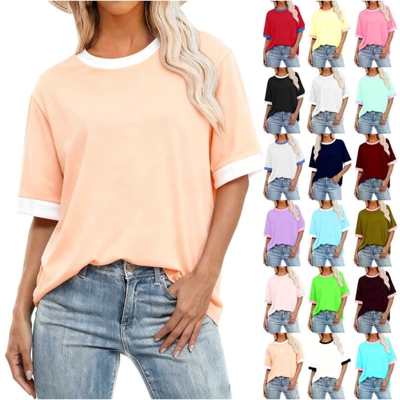 Women's Casual Loose Fit T-Shirt Contrast Trim Short Sleeve Summer Top Lightweight Comfy Tee Rose Gold S