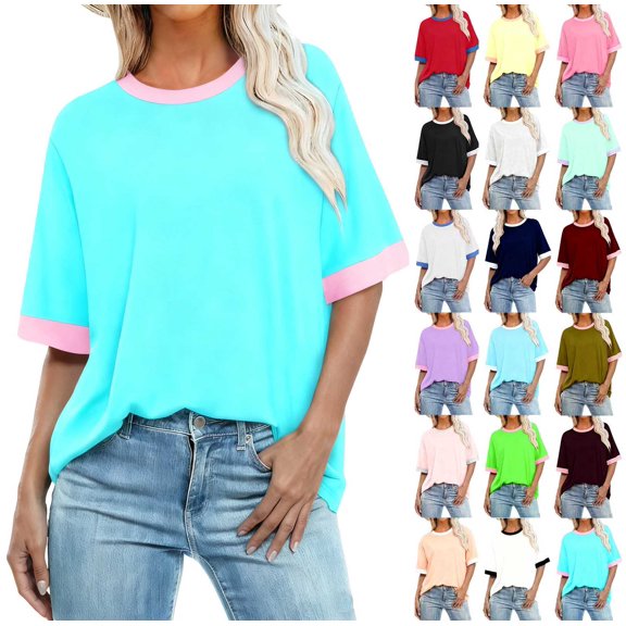 Women's Casual Loose Fit T-Shirt Contrast Trim Short Sleeve Summer Top Lightweight Comfy Tee Sky Blue XL