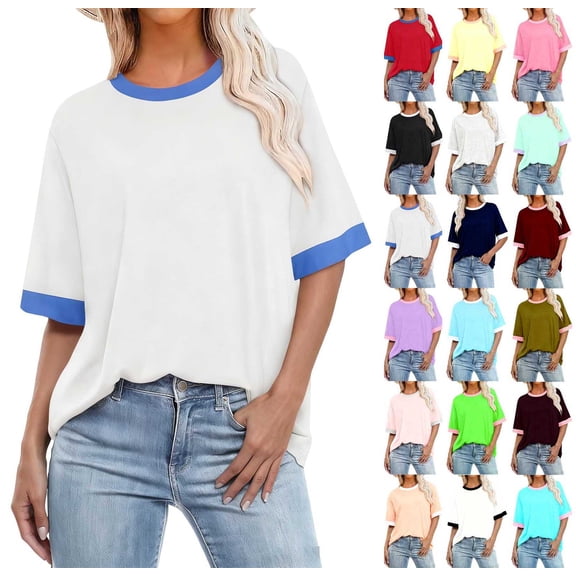 Women's Casual Loose Fit T-Shirt Contrast Trim Short Sleeve Summer Top Lightweight Comfy Tee White L