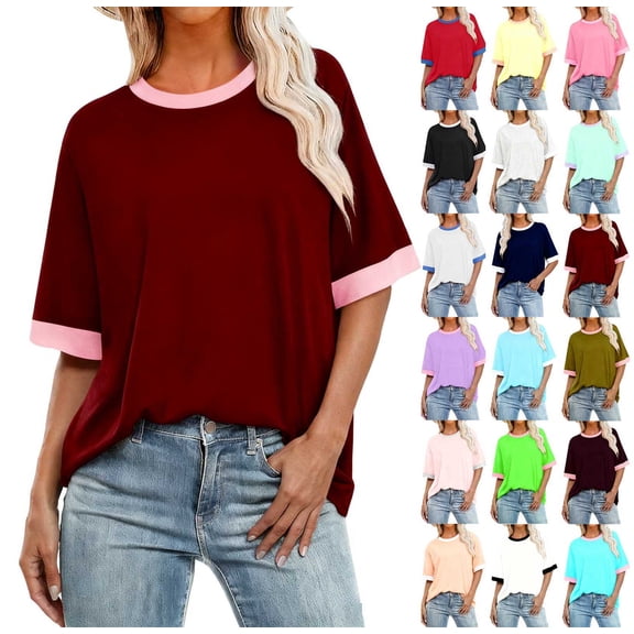 Women's Casual Loose Fit T-Shirt Contrast Trim Short Sleeve Summer Top Lightweight Comfy Tee Wine XL