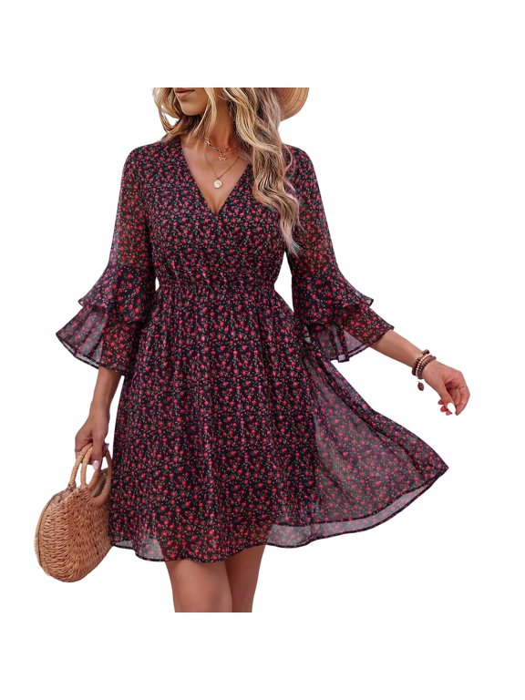Women's Casual Loose Fit V Neck Floral Print Dress with Ruffle Sleeves and Elastic Waist for Daily Wear Brown S