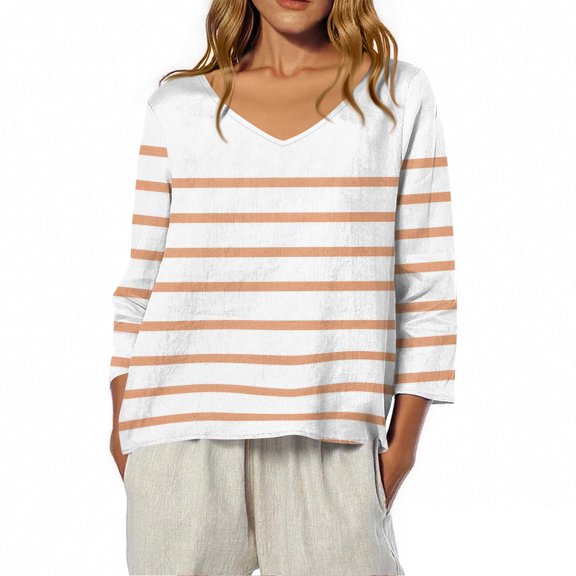 Womenâs Casual Loose Fit V-Neck Long Sleeve Top, Red Striped Lightweight Breathable Blouse for Spring Summer