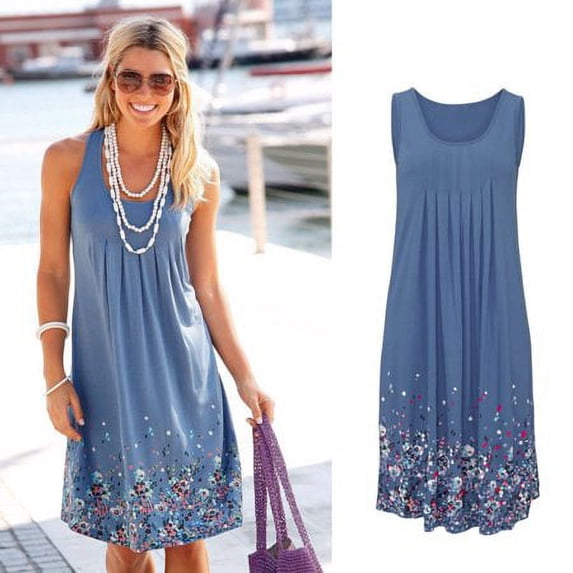 Women's Casual Loose Floral Print Pleated Sleeveless Midi Vest Sun Dresses for Beach Wedding Party