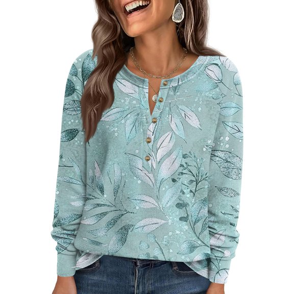 Women's Casual Loose Floral Print V-Neck Top T-Shirt, Relaxed Floral Print V-Neck T-Shirt Blouse for Spring and Summer, Lightweight and Fashionable,Cyan,S