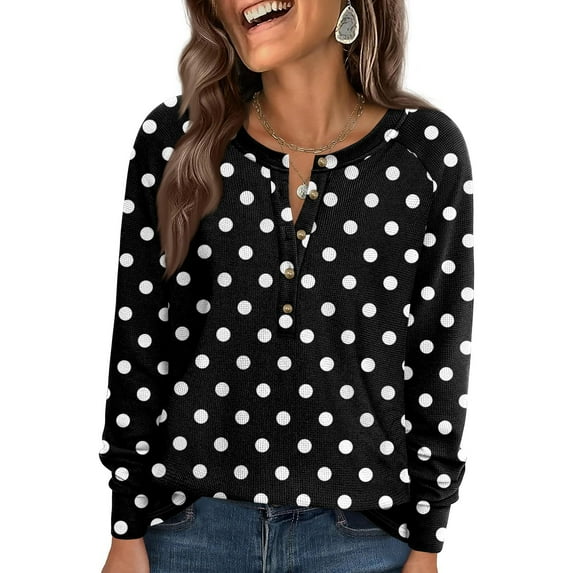 Women's Casual Loose Floral Print V-Neck Top T-Shirt, Relaxed Polka Dot Print V-Neck T-Shirt Blouse, Fun and Casual for Daily Outfits and Leisure,Black,L