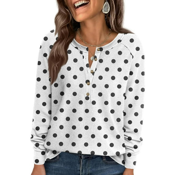 Women's Casual Loose Floral Print V-Neck Top T-Shirt, Relaxed Polka Dot Print V-Neck T-Shirt Blouse, Fun and Casual for Daily Outfits and Leisure,White,S