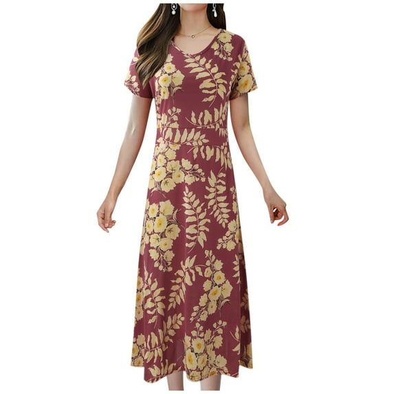 Women's Casual Loose Flower Dress Short Sleeve Long Version Summer Beach Elegant Dress