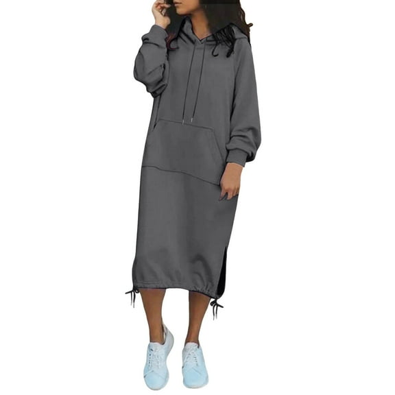 Women's Casual Loose Hoodie Maxi Dress with Pocket - Sweatshirt Dress, Drawstring Hood, Side Slit, Suitable for Fall/Winter, S-XXXXXL
