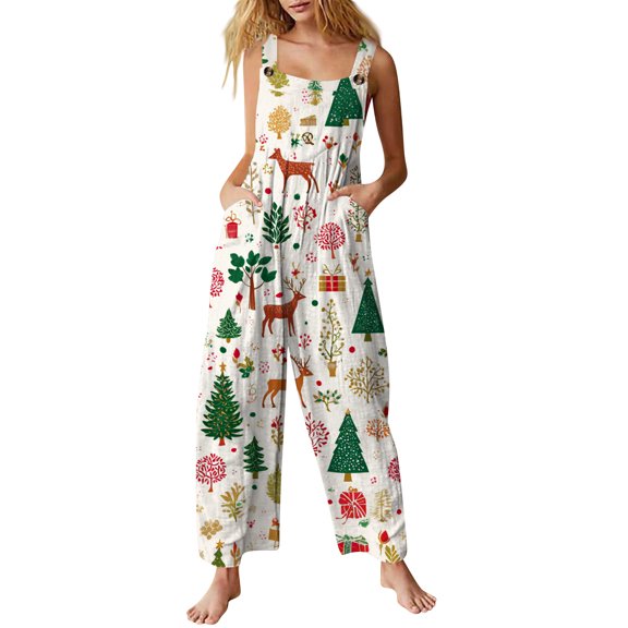 Women's Casual Loose Jumpsuit with Christmas Print, Green, Size S