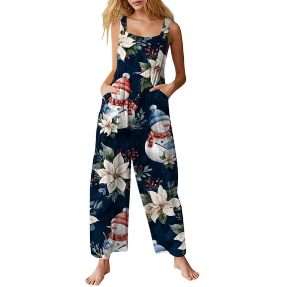 Women's Casual Loose Jumpsuit with Christmas Print, Navy Blue, Size M