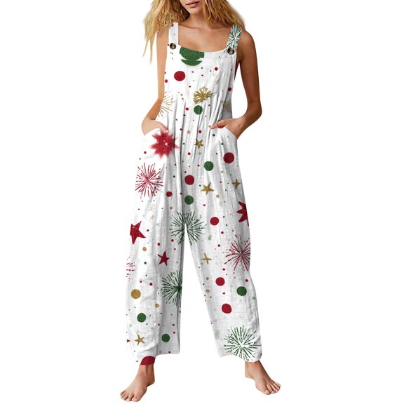 Women's Casual Loose Jumpsuit with Christmas Print, White, Size S