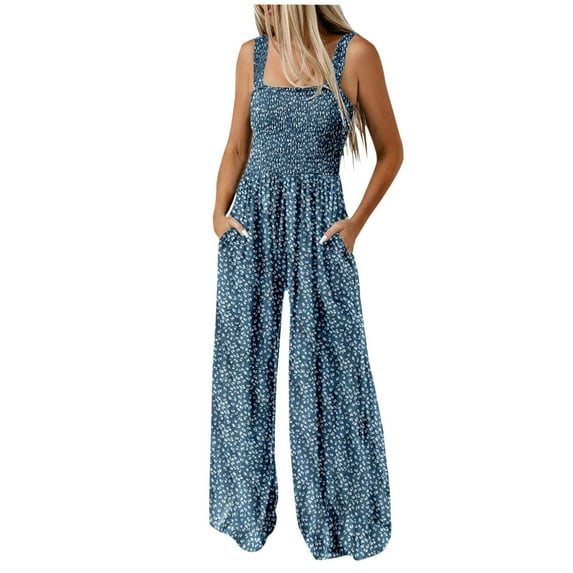 Women's Casual Loose Jumpsuits One Piece Sleeveless Printed Wide Leg Long Pant Rompers Overalls with Pockets