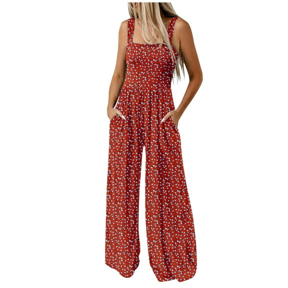 Women's Casual Loose Jumpsuits One Piece Sleeveless Printed Wide Leg Long Pant Rompers Overalls with Pockets