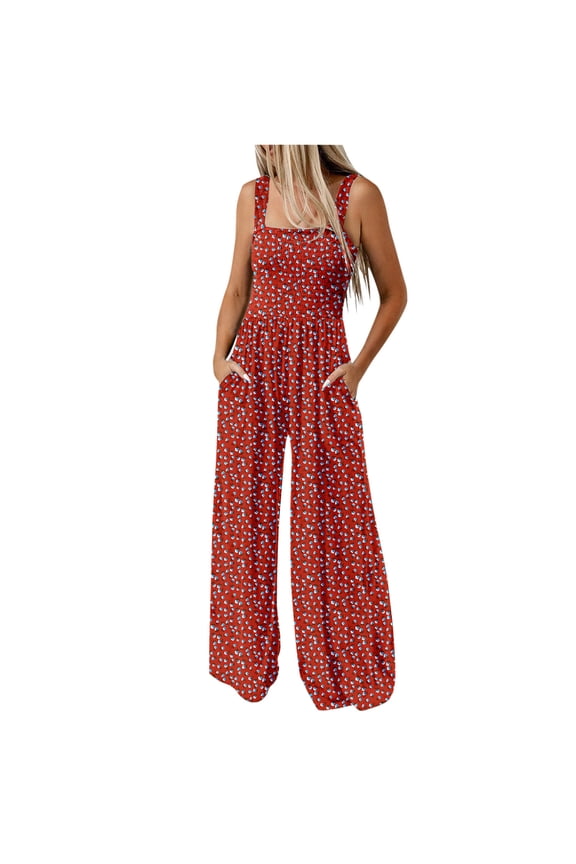 Women's Casual Loose Jumpsuits One Piece Sleeveless Printed Wide Leg Long Pant Rompers Overalls with Pockets