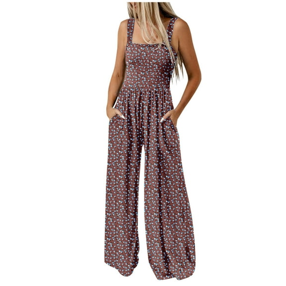 Women's Casual Loose Jumpsuits One Piece Sleeveless Printed Wide Leg Long Pant Rompers Overalls with Pockets