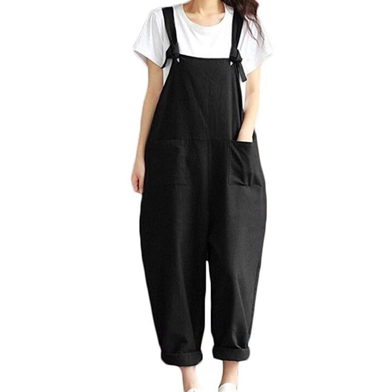 Women's Casual Loose Linen Pants Cotton Jumpsuit Strap Harem Trousers ...