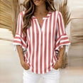 thumbnail image 1 of Women's Casual Loose Linen Striped V-Neck Three-Quarter Sleeve Ruffled Top, 1 of 8