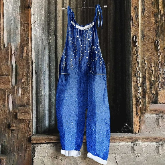 Women's Casual Loose Long Cotton Bib Overalls Baggy Linen Plus Size Jumpsuits Rompers Wide Leg Pants Blue XXXXXL