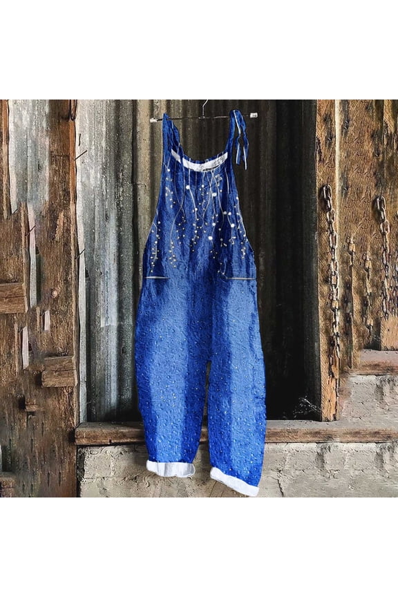 Women's Casual Loose Long Cotton Bib Overalls Baggy Linen Plus Size Jumpsuits Rompers Wide Leg Pants Blue XXXXXL