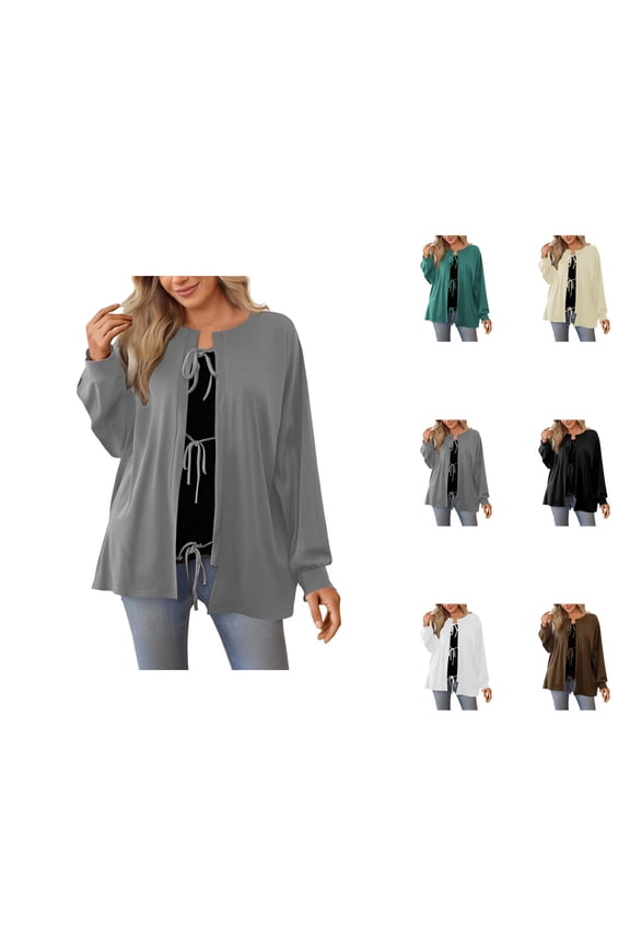 Women's Casual Loose Long Sleeve Solid Color Drawstring Belted Knit Cardigan Sweater Comfortable Stylish Outerwear Cardigan Sweaters for Women