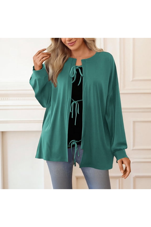 Women's Casual Loose Long Sleeve Solid Color Drawstring Belted Knit Cardigan Sweater Comfortable Stylish Outerwear