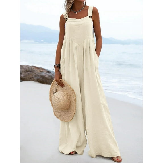 Women's Casual Loose Overalls Jumpsuits Adjustable Straps Wide Leg Long Pant Rompers With Pockets