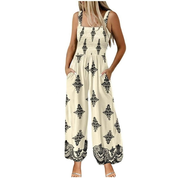 Women's Casual Loose Overalls Jumpsuits Floral One Piece Square Neck Shirred Pants with Pockets